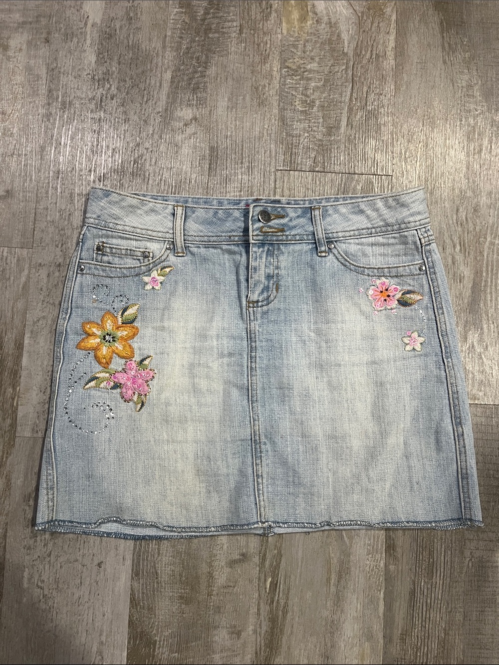 Thalia Sodi Light Blue Denim Mini Skirt with Floral Embroidery
